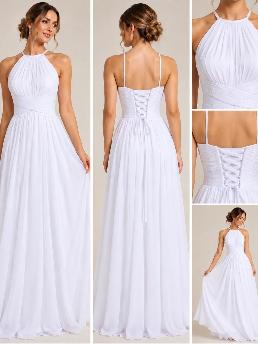 White Halter Chiffon Corset Back Formal Maxi Dress Size 6 NWT